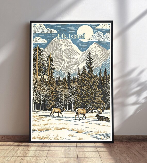 Elk Island Vintage Travel Poster Elk in Snowy Forest Under Moon Artwork