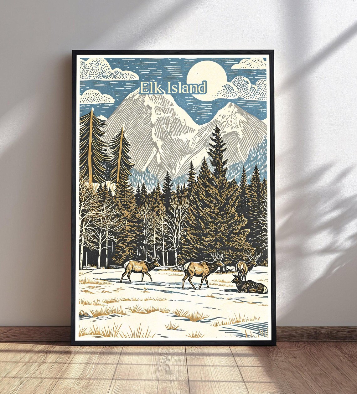 Elk Island Vintage Travel Poster Elk in Snowy Forest Under Moon Artwork