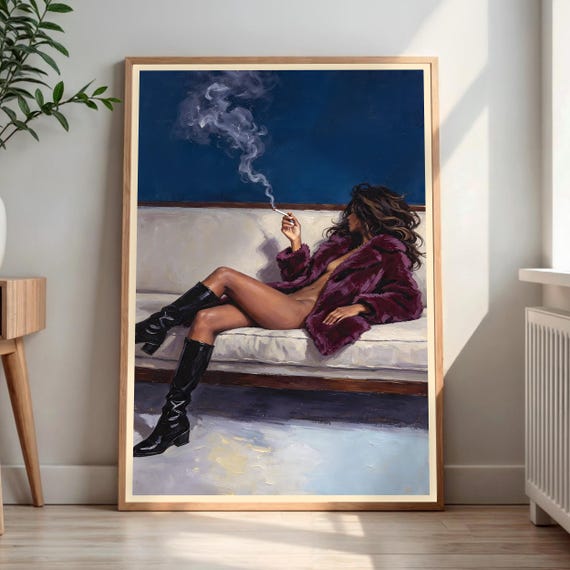 Purple Fur Coat Fashion Wall Art Smoking Woman Oil Painting Luxury Vintage Poster Editorial Chic Room Decor