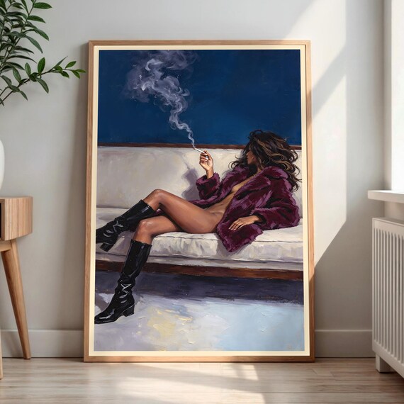 Woman In Purple Fur Coat Smoking Vintage Oil Painting Poster