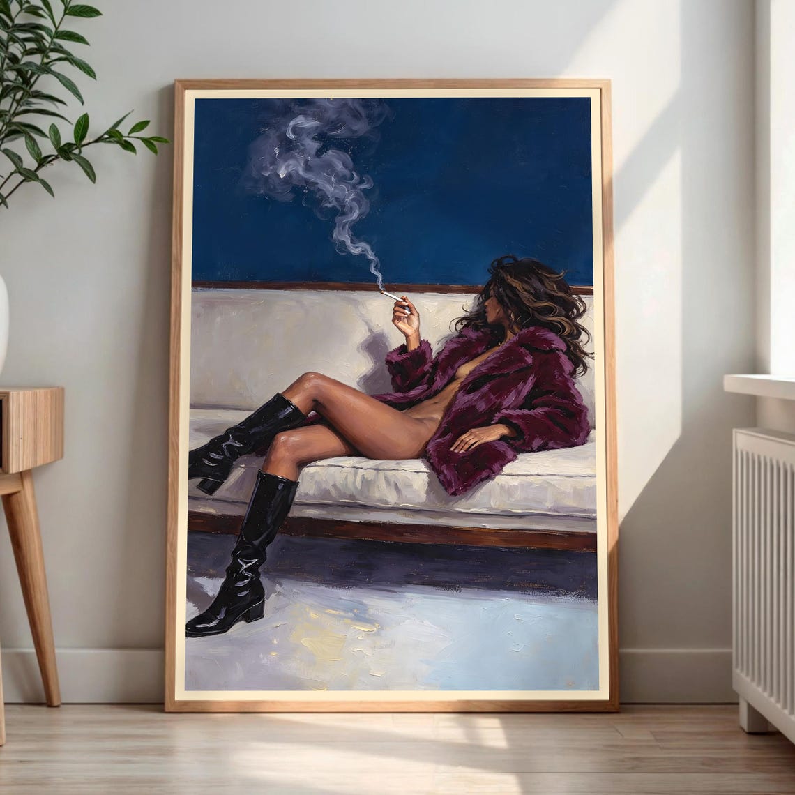 Purple Fur Coat Fashion Wall Art Smoking Woman Oil Painting Luxury Vintage Poster Editorial Chic Room Decor