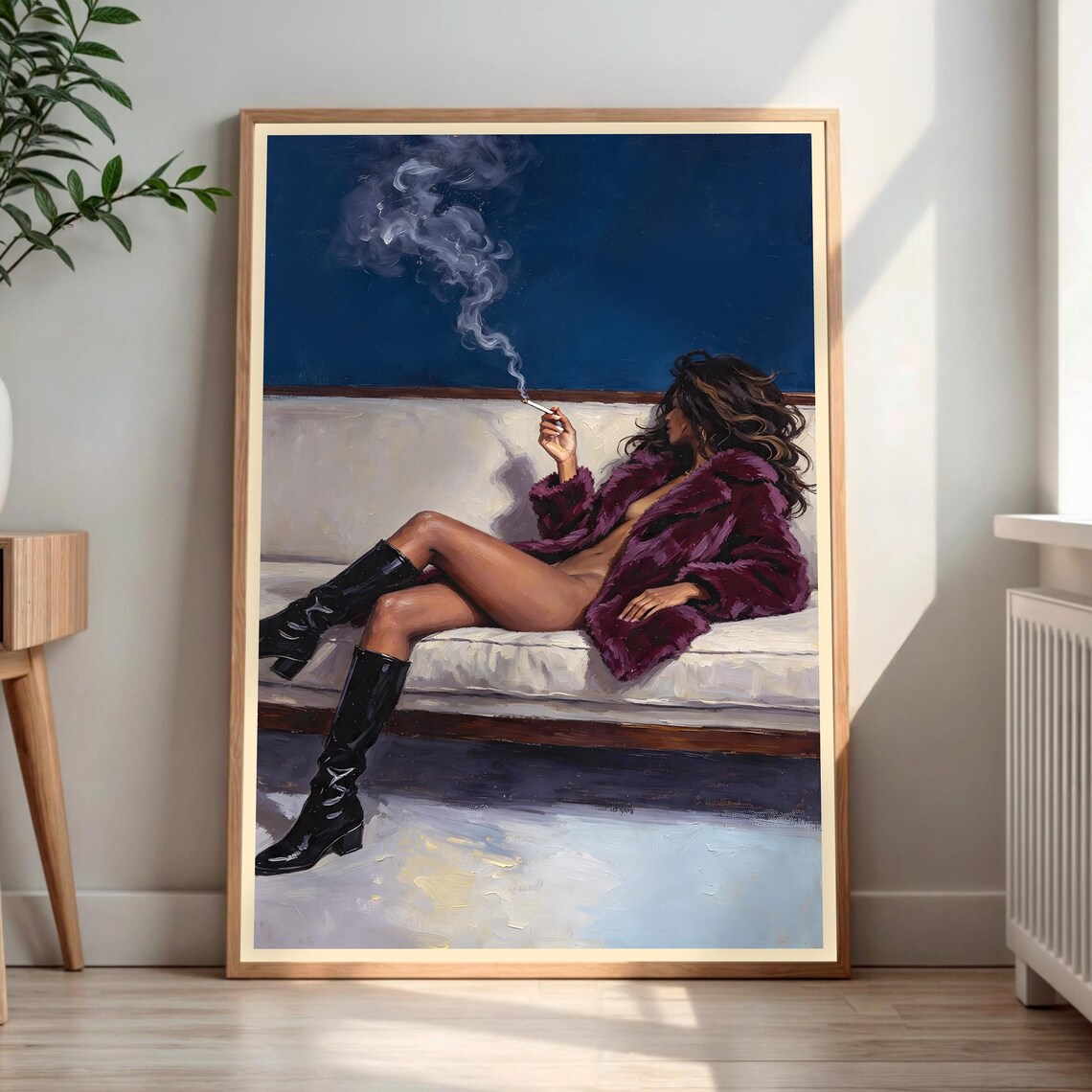 Woman In Purple Fur Coat Smoking Vintage Oil Painting Poster