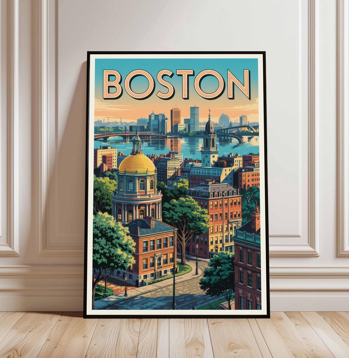Boston Skyline State House Golden Dome Harbor Vintage Travel Poster