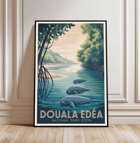 Douala Edea National Park Cameroon Manatee River Travel Poster