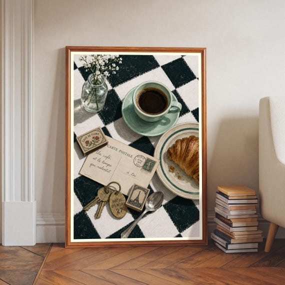 Parisian Cafe Print French Wall Art Coffee Croissant Kitchen Decor
