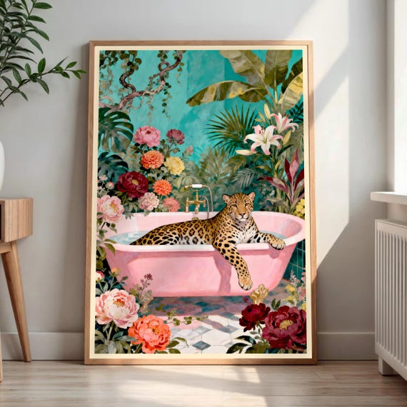 Leopard In Bathtub Print Maximalist Wall Art Tropical Bathroom Decor Eclectic Animal Poster