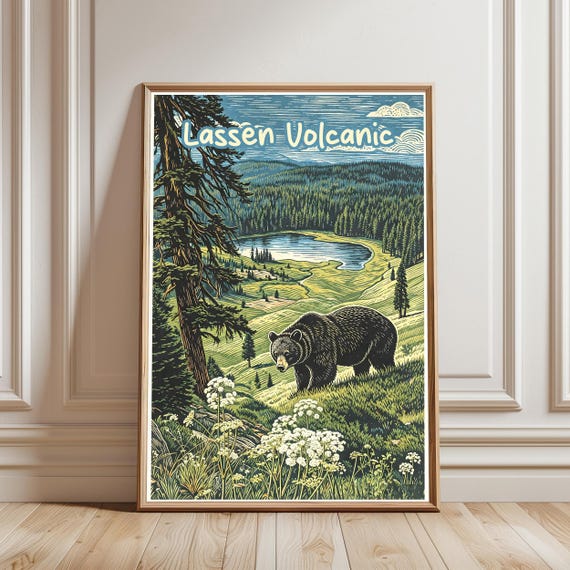 Lassen Volcanic National Park Print Black Bear Poster Vintage Travel Wall Art Decor