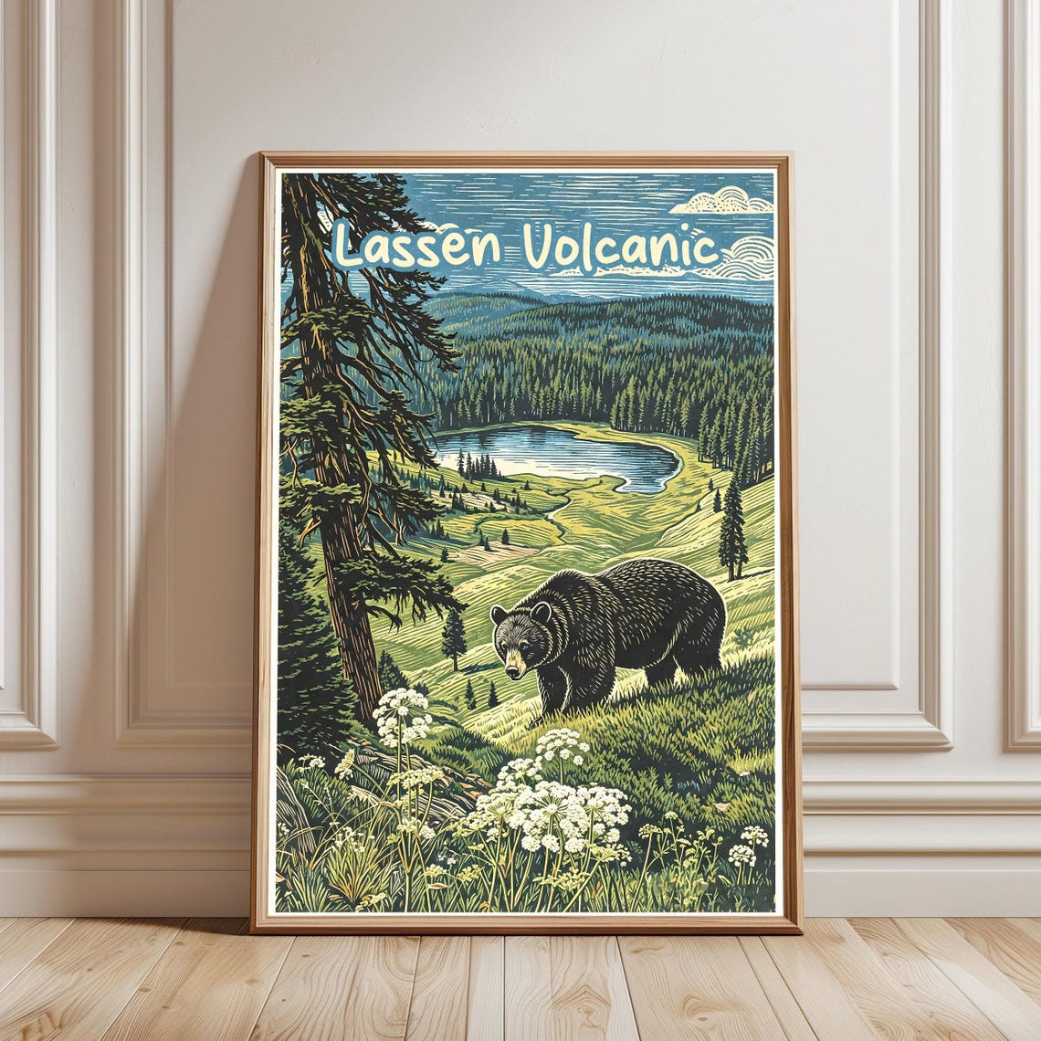Lassen Volcanic Black Bear in Wildflower Meadow Vintage Travel Poster