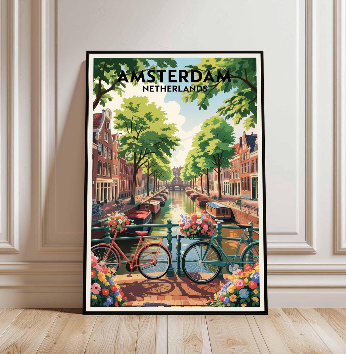 Amsterdam Netherlands Canal Bikes Flowers Bricks Vintage Travel Poster