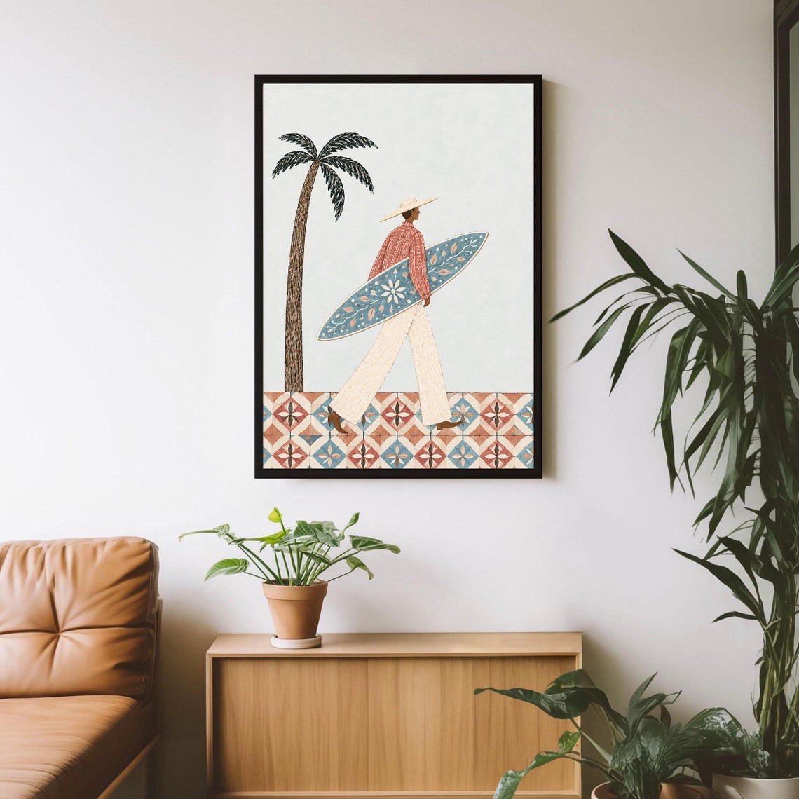 Boho Surf Wall Art Coastal Print Surfboard Palm Tree Decor Beach House Bohemian