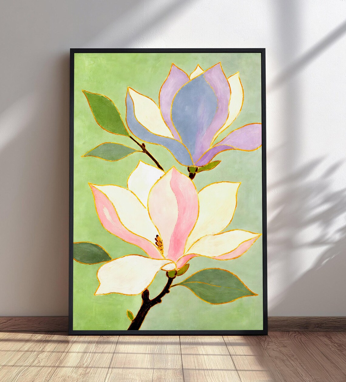 Pastel Magnolia Blossoms Fresh Green Gold Floral Painting Poster