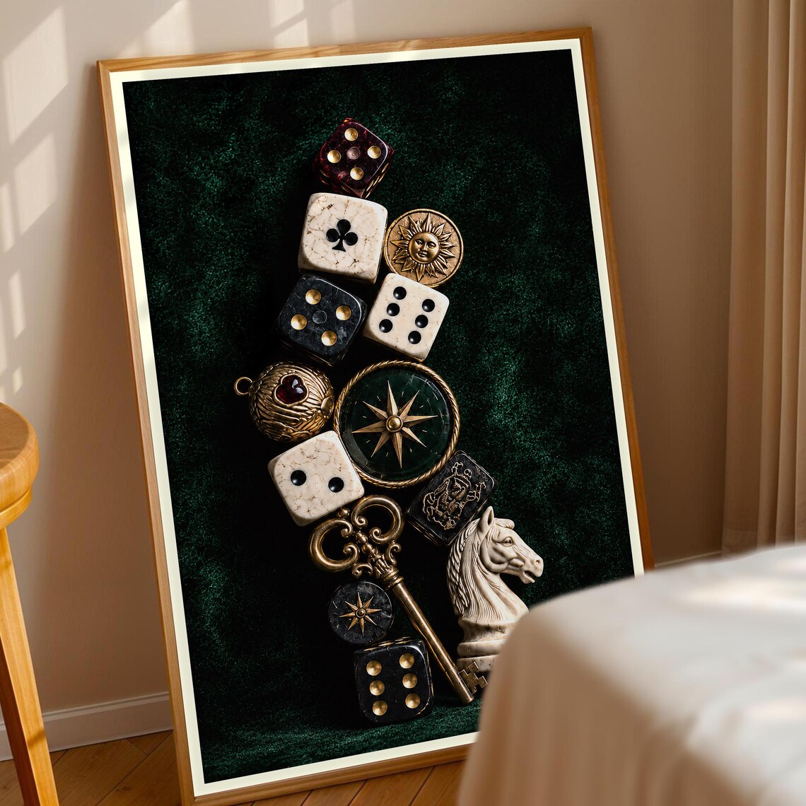 Dice Compass Key Chess Knight, Moody Vintage Art Print