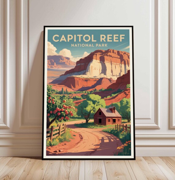Capitol Reef National Park Red Rock Orchard Barn Vintage Poster