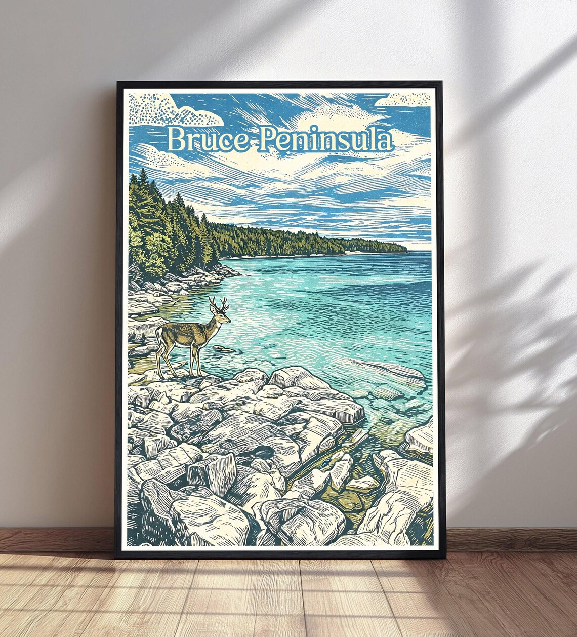 Bruce Peninsula Woodcut Travel Poster Deer Rocky Lakeshore Ontario Scene