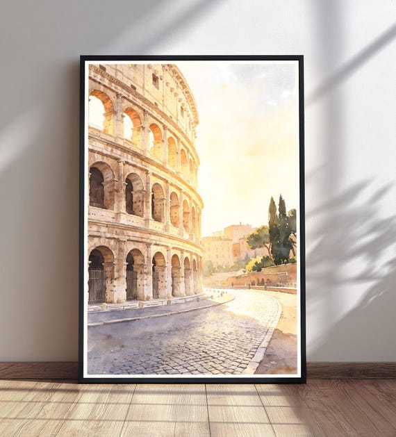 Rome Colosseum Watercolor Print Italy Sunset Wall Art Roman Cityscape Painting Travel Poster