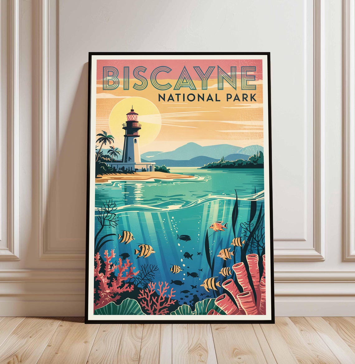 Biscayne National Park Lighthouse Sunset Coral Reef Travel Poster