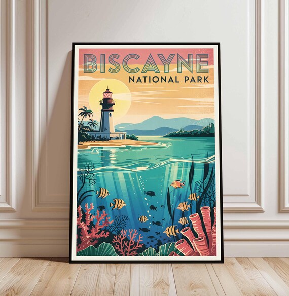 Biscayne National Park Lighthouse Sunset Coral Reef Travel Poster