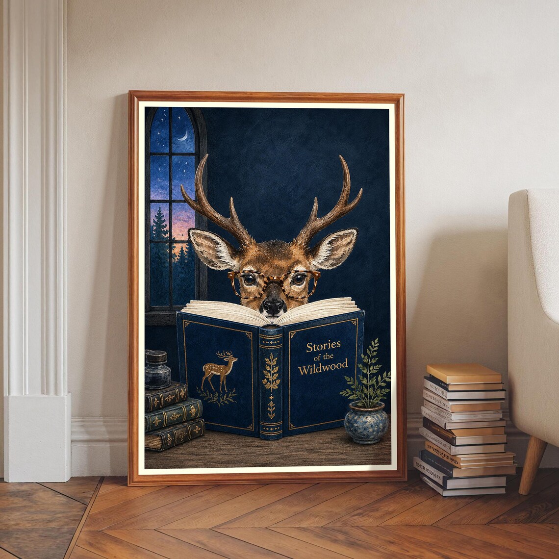 Reading Deer Art Print, Whimsical Forest Decor