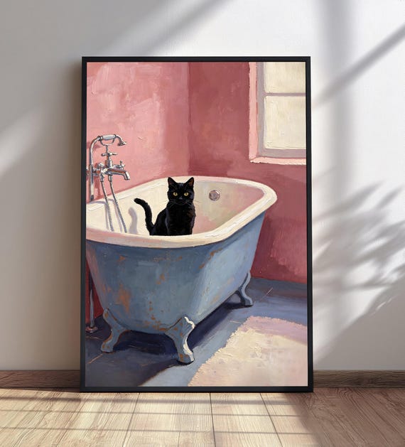 Black Cat Bathtub Print Funny Animal Bathroom Wall Art Quirky Pink Decor Pet Lover Gift