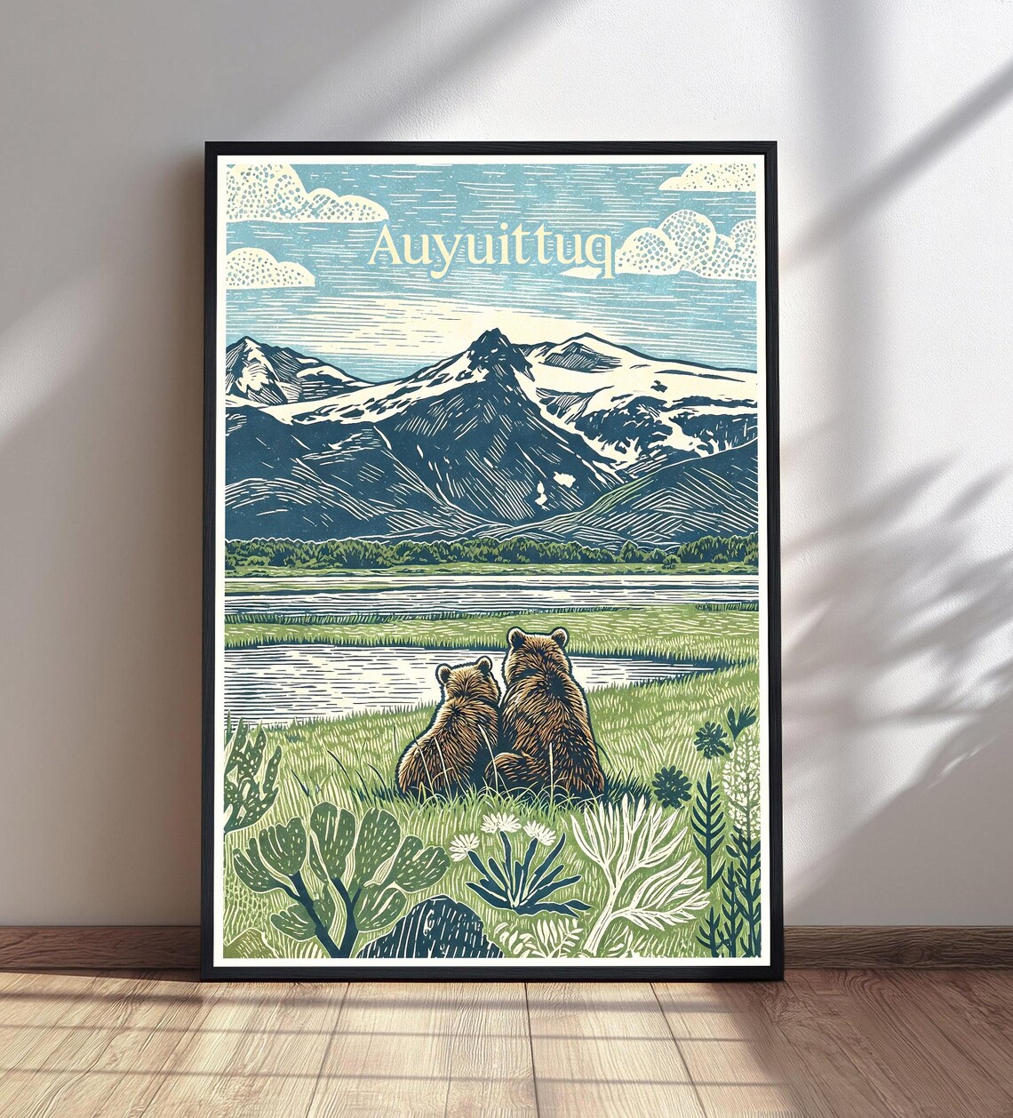 Auyuittuq National Park Bear Linocut Style Art Print