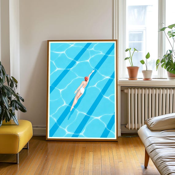 Swimming Pool Art Print Overhead Swimmer Wall Decor Blue Lane Lines Summer Swim Poster