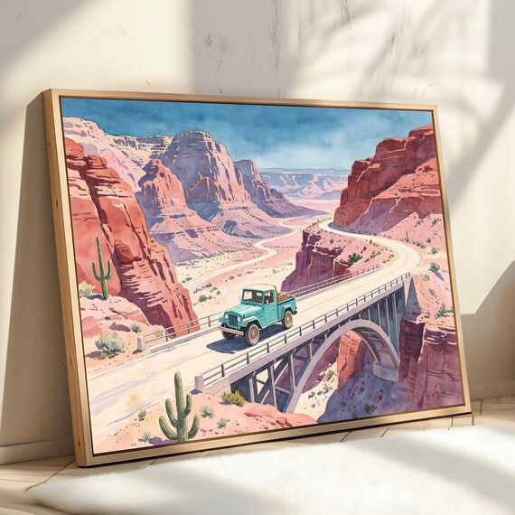 Teal Vintage Jeep Desert Canyon Bridge Watercolor Adventure Art Poster