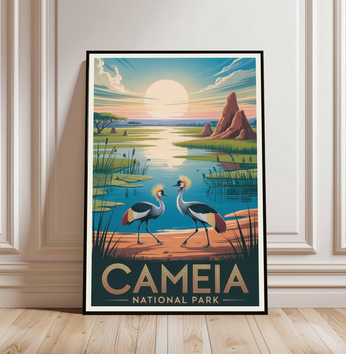 Cameia National Park Angola Crowned Cranes Wetland Travel Poster