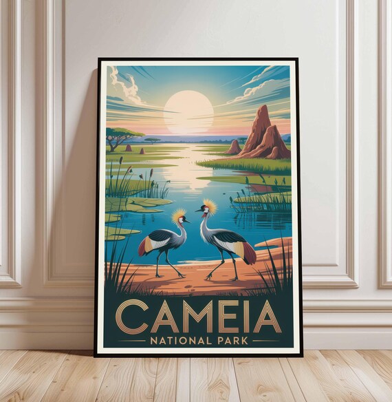 Cameia National Park Angola Crowned Cranes Wetland Travel Poster