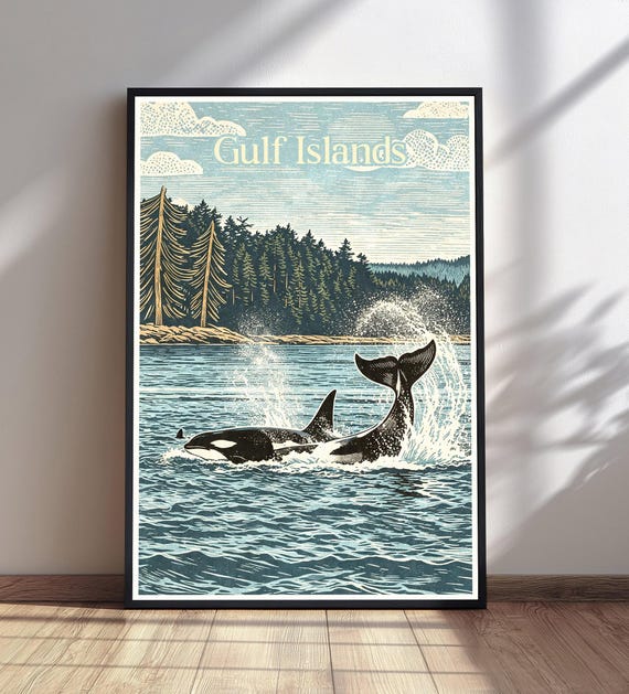 Gulf Islands Travel Poster Orca Whale Wall Art Vintage Pacific Northwest Print Ocean Wildlife Decor