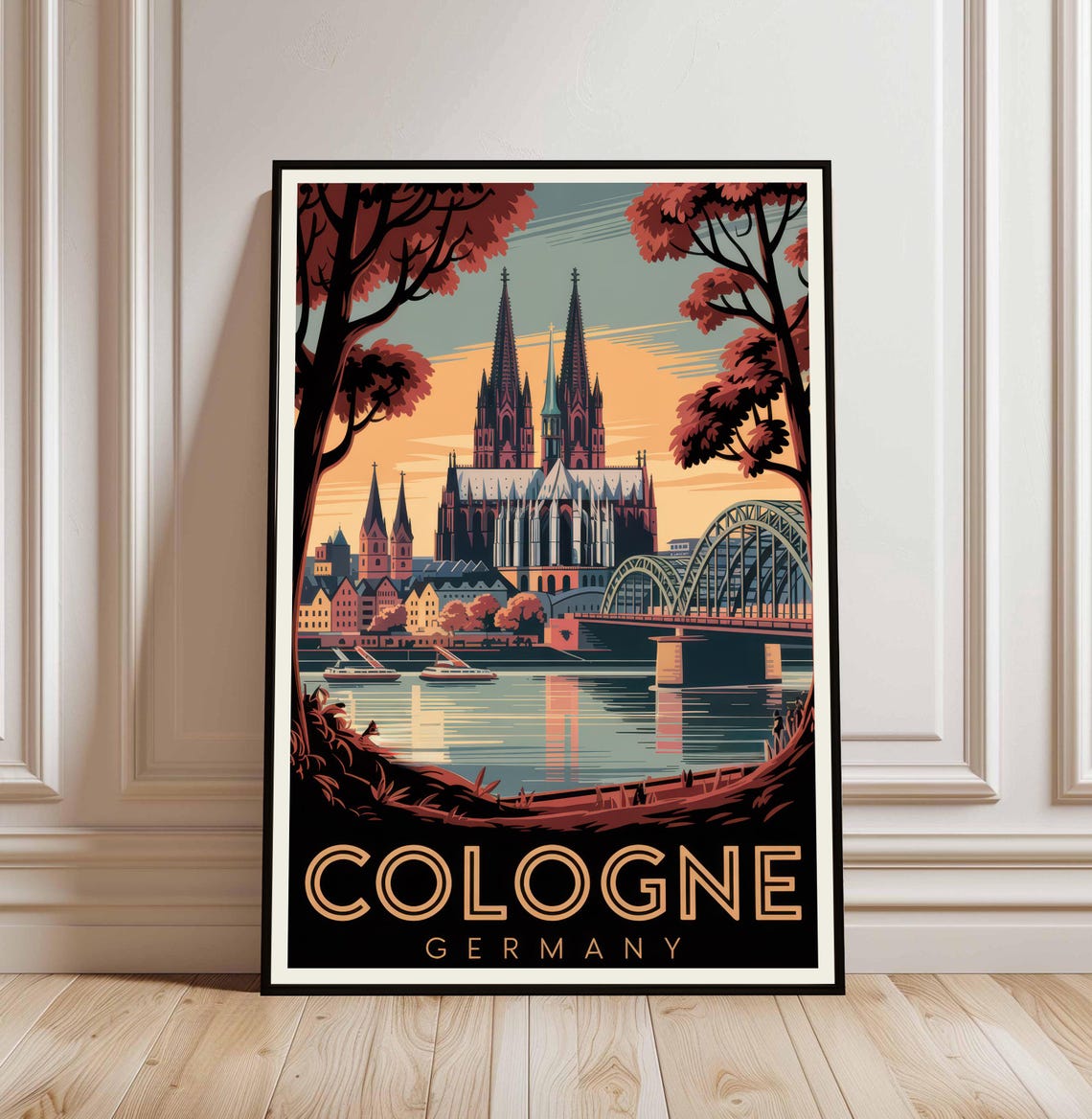 Cologne Germany Cathedral Bridge Sunset Vintage Travel Poster