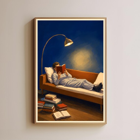 Man Reading Book Cozy Vintage Night Library Lamp Painting Poster