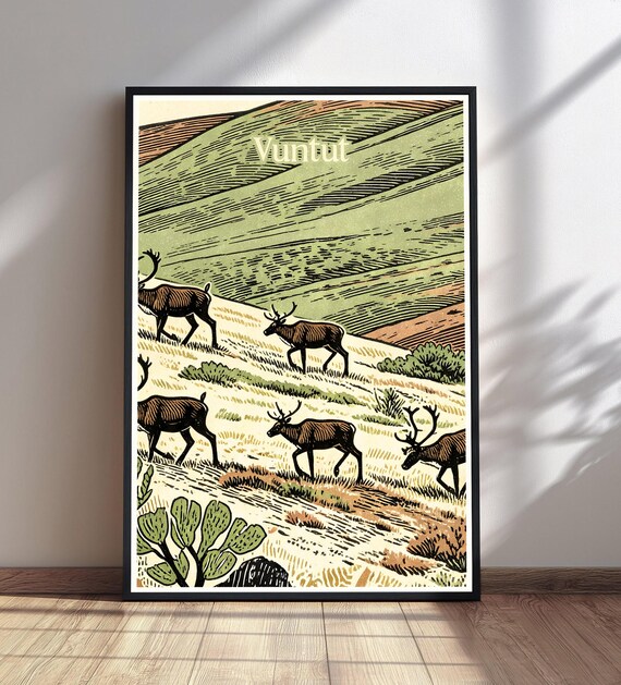 Vuntut Caribou Herd Tundra Hills Vintage Arctic Travel Poster