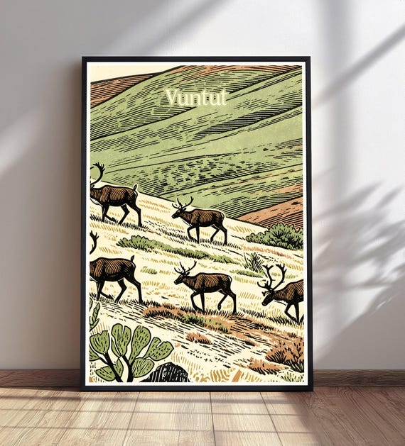 Vuntut Reindeer Poster Vintage Travel Print Arctic Landscape Wall Art Yukon Territory Decor