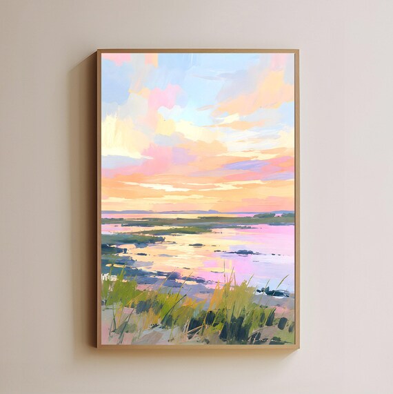 Abstract Marsh Landscape Print Pastel Sunset Painting Vibrant Nature Wall Art Modern Decor