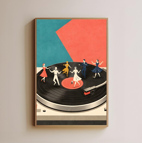 Retro Couples Dancing on a Giant Vinyl Record Music Art Poster