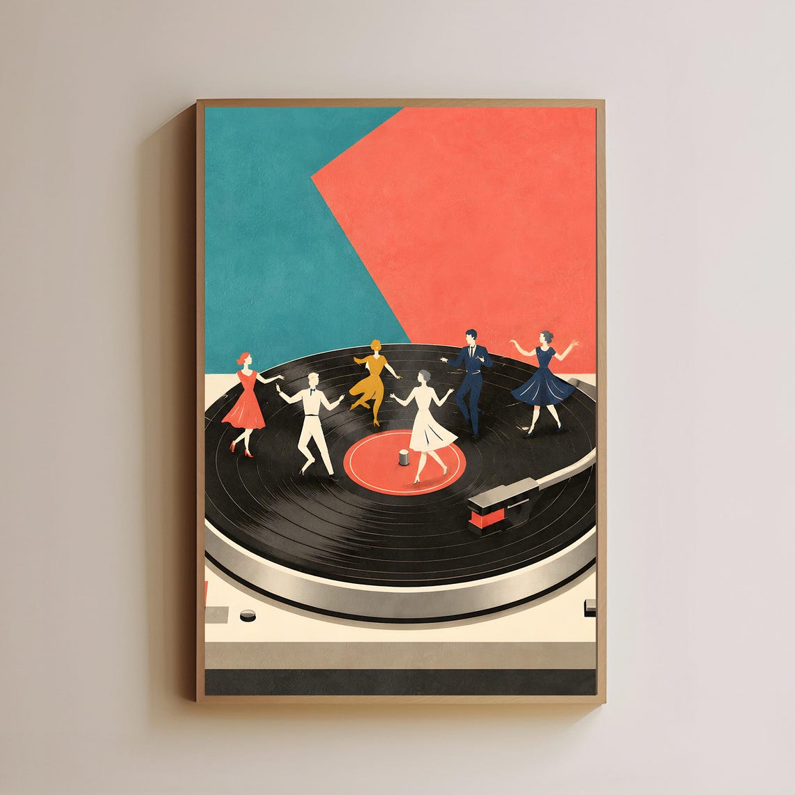 Retro Couples Dancing on a Giant Vinyl Record Music Art Poster