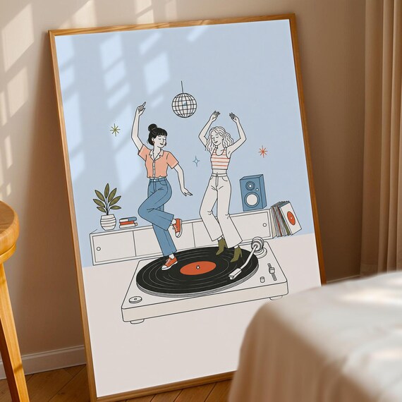 Disco Ball Record Player Print Dancing Women Music Lover Poster Retro Vinyl Wall Art Dj Gift