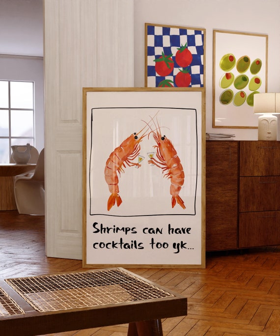Funny Shrimp Watercolor Art Print, Kitchen Bar Decor