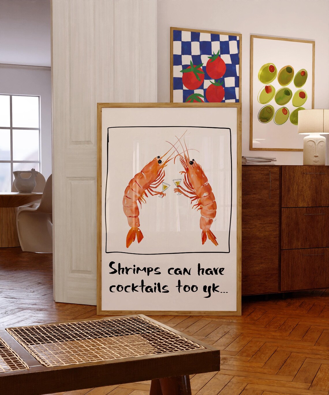 Funny Shrimp Watercolor Art Print, Kitchen Bar Decor