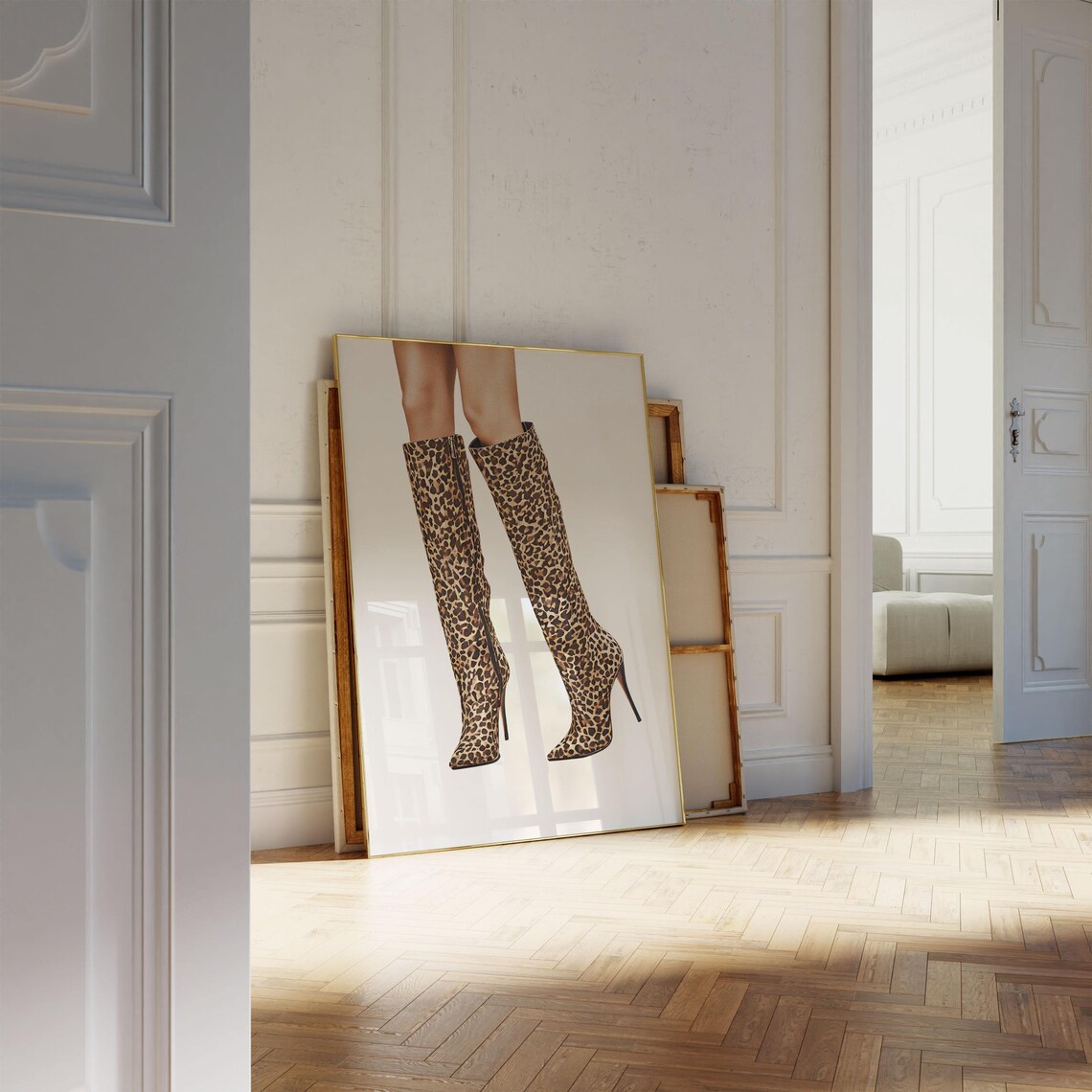 Knee High Leopard Boots Stiletto Heels Trendy Fashion Poster - Image 3