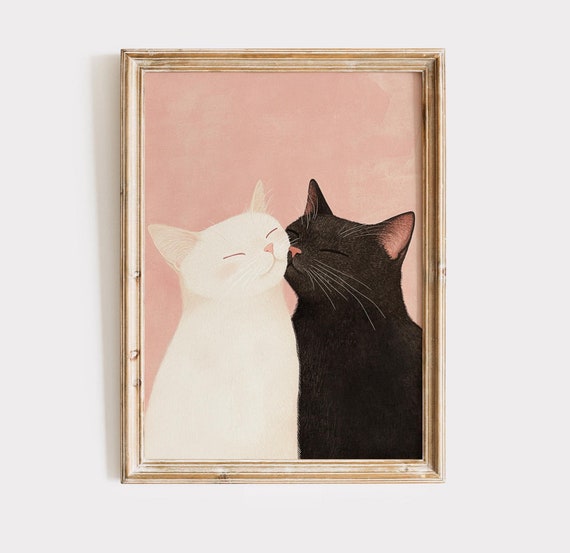 Romantic Black And White Cat Couple Wall Art Cute Animal Illustration Minimalist Cat Art Sweet Feline Print Pet Lover Decor
