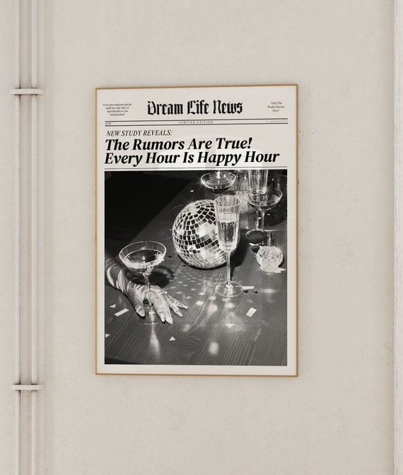 Trendy Prints And Posters Newspaper Wall Art Aesthetic Every Hour Is Happy Hour Vintage Bar Cart Girly Dorm Retro Instant