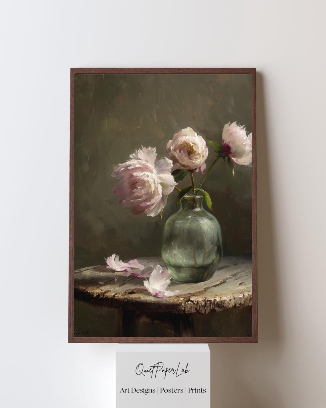 Blush Peonies in Green Glass Vase Poster Moody Vintage Floral Still