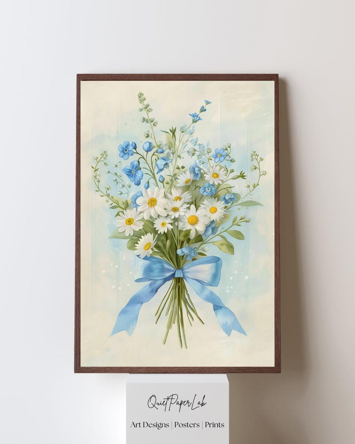 Blue Ribbon Bouquet Watercolor Daisies and Forget Me Nots Art Print