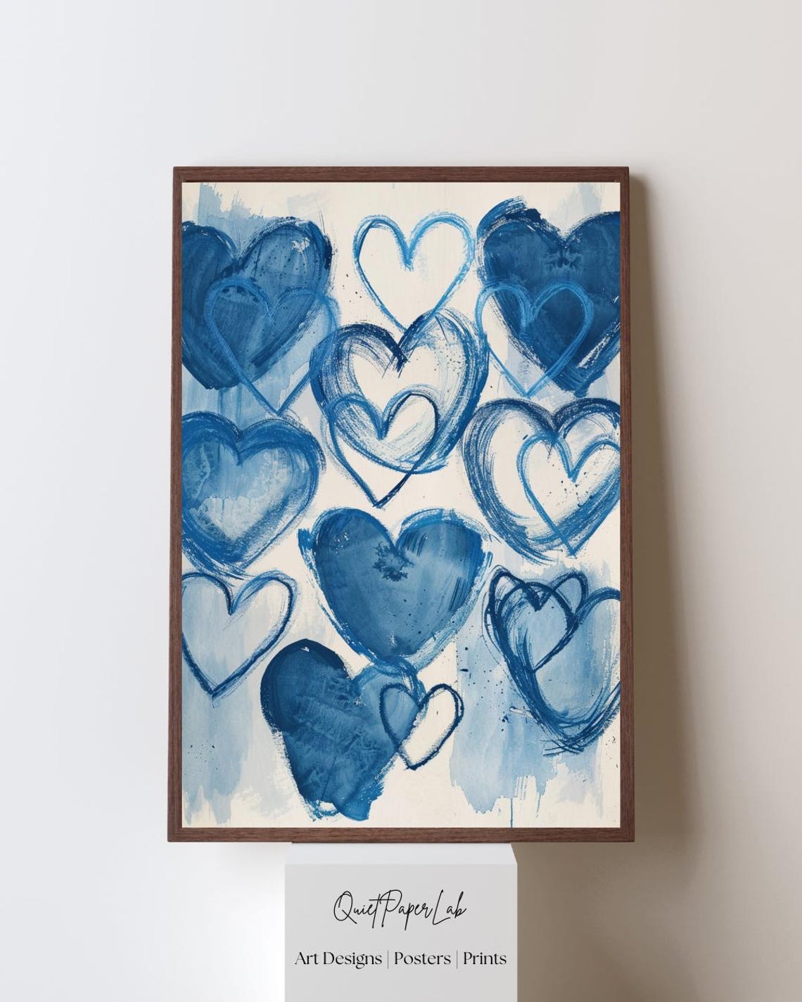 Hand Painted Brush Stroke Blue Hearts Minimalist Love Art Poster