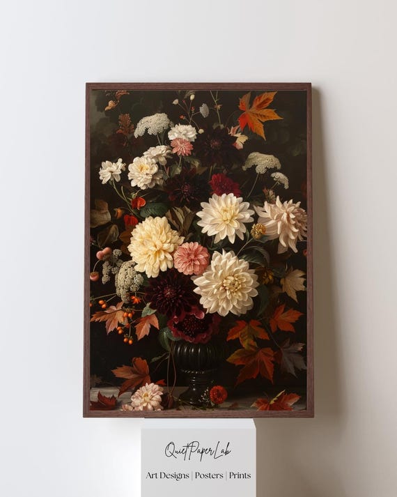 Dark Autumn Floral Bouquet Vintage Oil Style Rustic Botanical Wall Art Print Old World Decor Poster Unframed