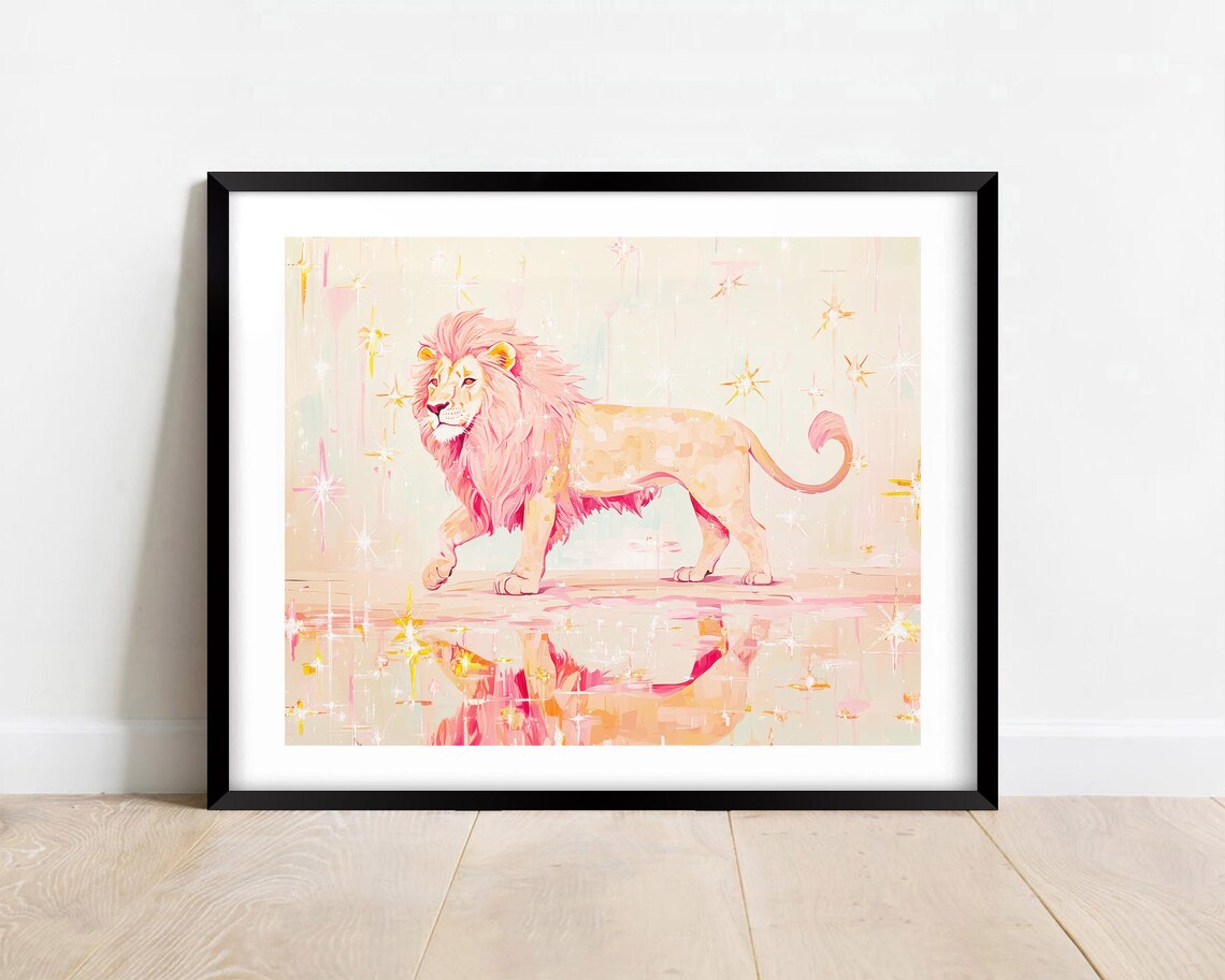 Dreamy Pink Lion Walking Starry Sparkle Magical Kids Room Wall Art Poster - Image 2