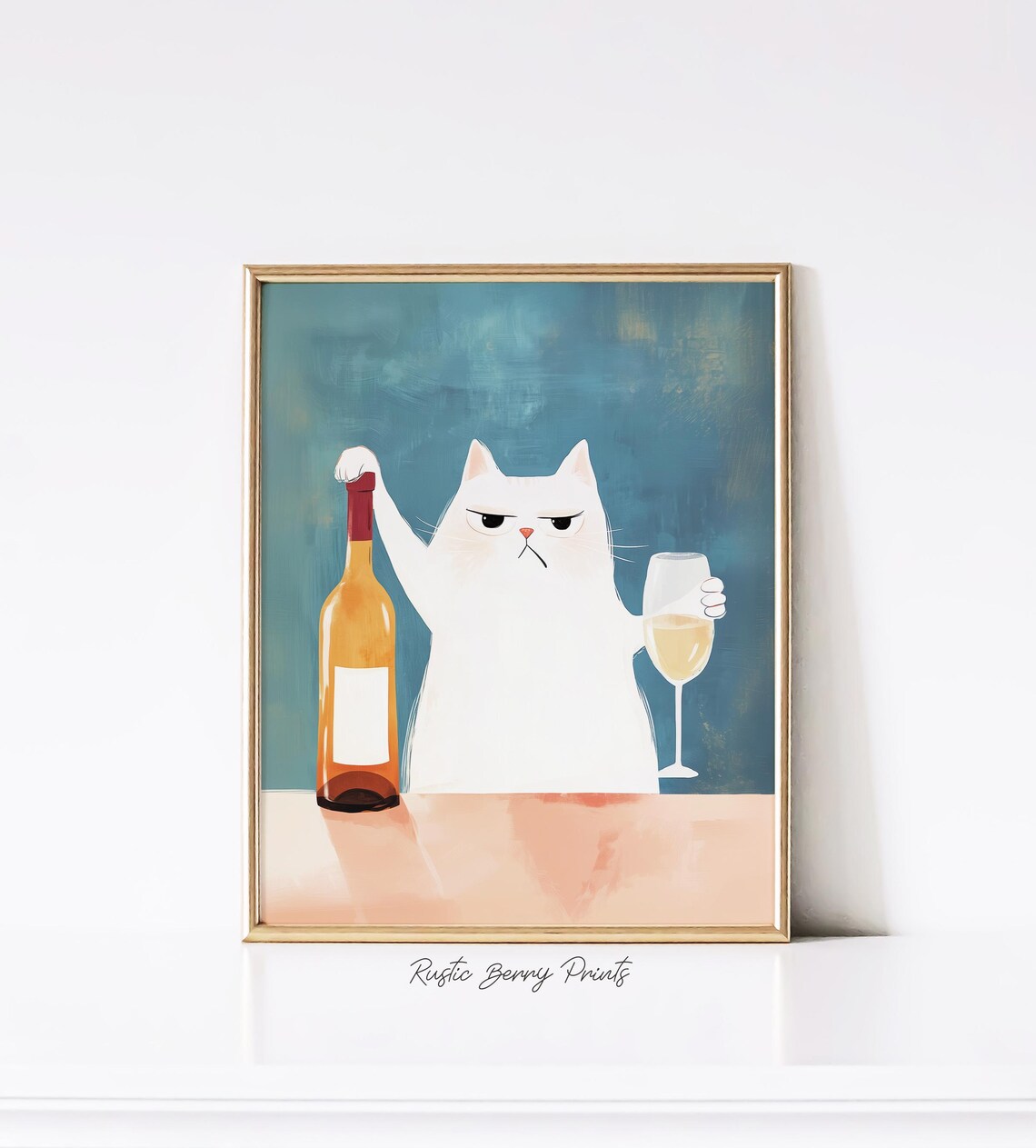 Grumpy White Cat Holding Wine Bottle Funny Cat Wine Bar Art Print Poster - Image 3