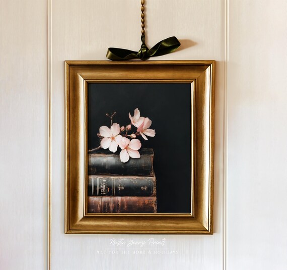 Vintage Books Oil Painting Wall Art Vintage Print Cottagecore Flowers Moody Academia Print Instant