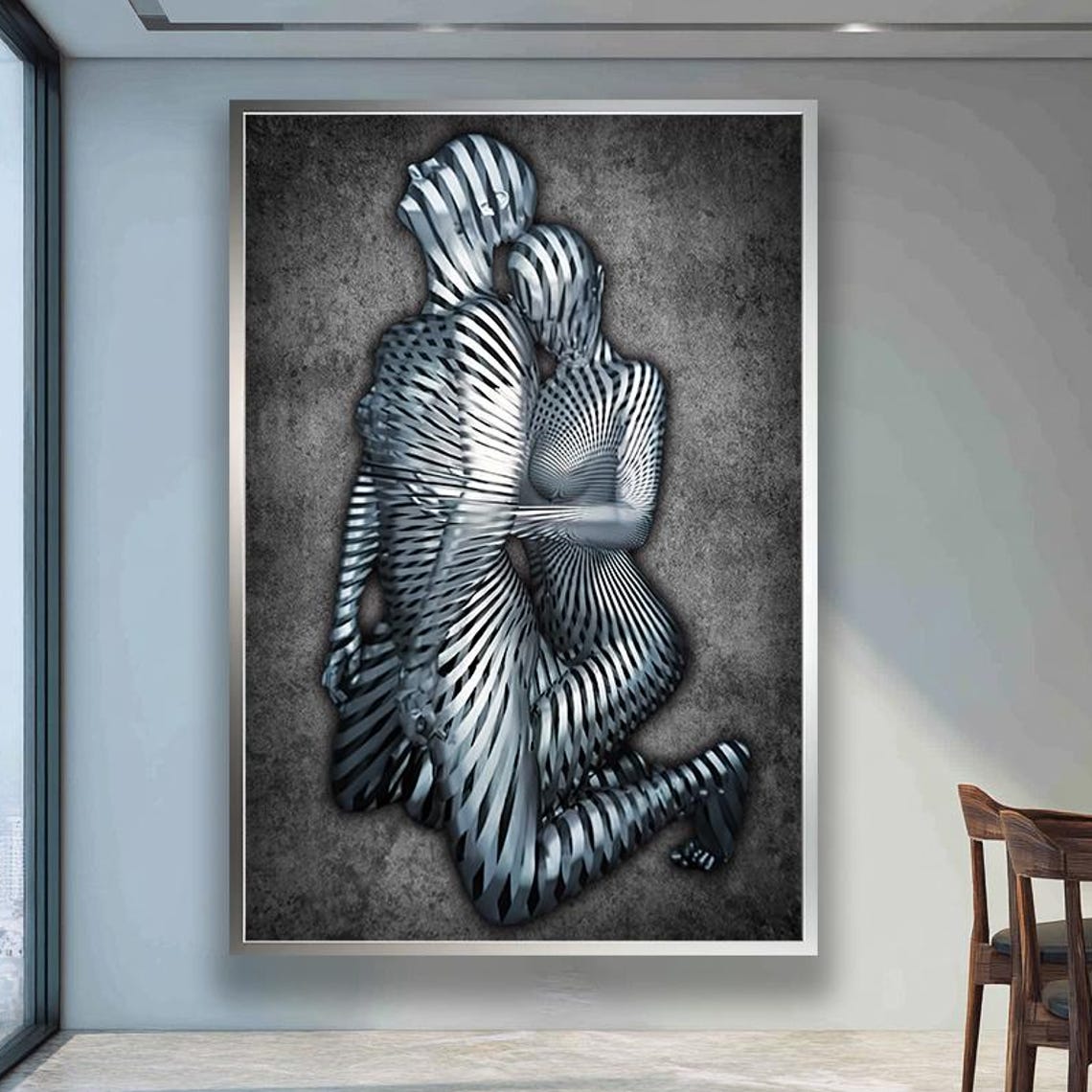 Romantic Couple 3D Stripe Sculpture Embrace Gray Modern Wall Poster